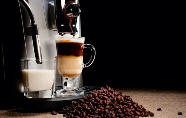 Picture glass, coffee, grain, milk, drink, coffee machine