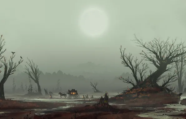 The sun, Tree, Fog, Trees, Forest, People, Coach, Landscape