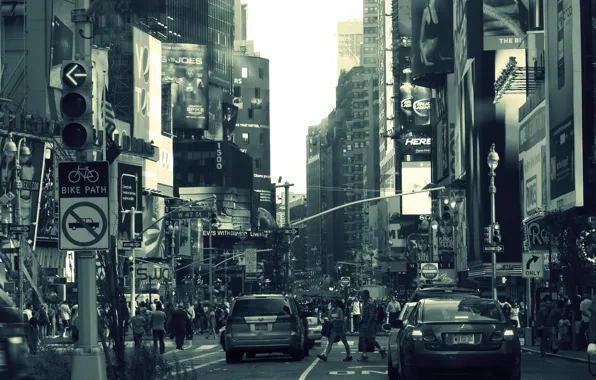 Machine, grey, people, building, New York, advertising