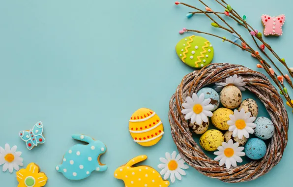 Picture branches, background, chamomile, eggs, cookies, Easter, socket, eggs