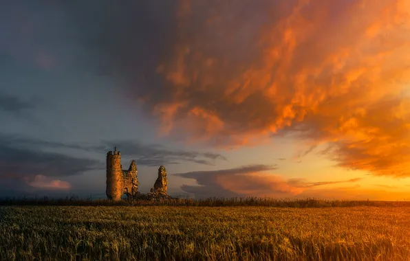 Field, clouds, sunset, castle, ruins
