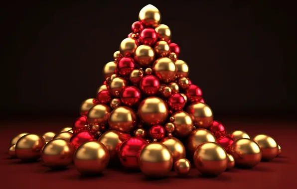 Balls, tree, New Year, Christmas, red, golden, new year, happy