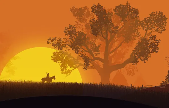 Picture fantasy, game, The Witcher, field, weapon, tree, sun, horse