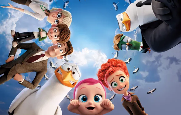 The sky, clouds, cartoon, fantasy, characters, Storks, Storks
