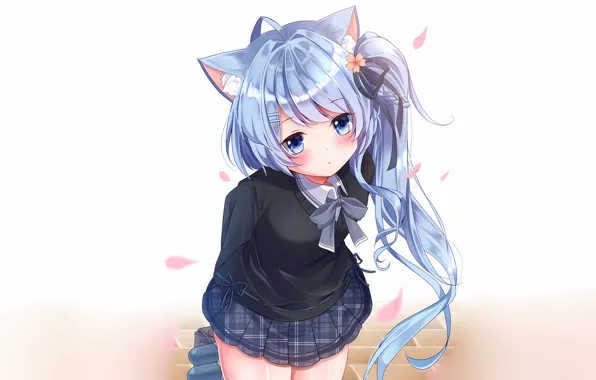 Girl, school uniform, long hair, animal ears, anime, blue eyes, beautiful, pretty