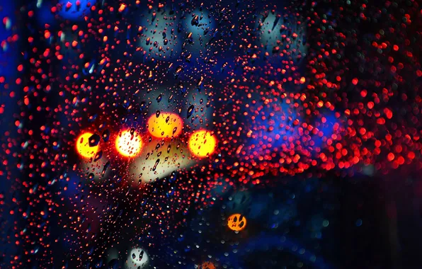 Picture glass, water, drops, macro, lights