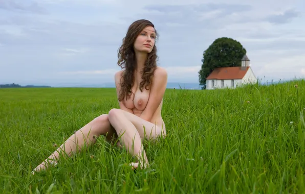 Grass, trees, nature, home, brown hair, nudity, curls, gray-eyed