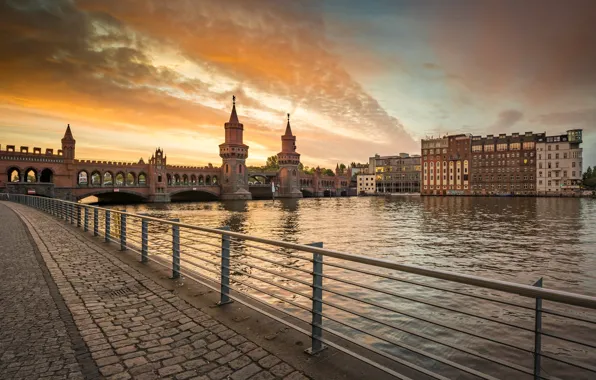 Picture bridge, the city, river, building, Germany, tower, promenade, Berlin