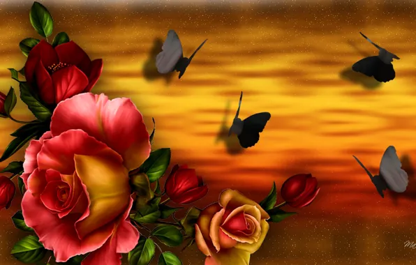 Picture butterfly, flowers, collage, rose, bouquet