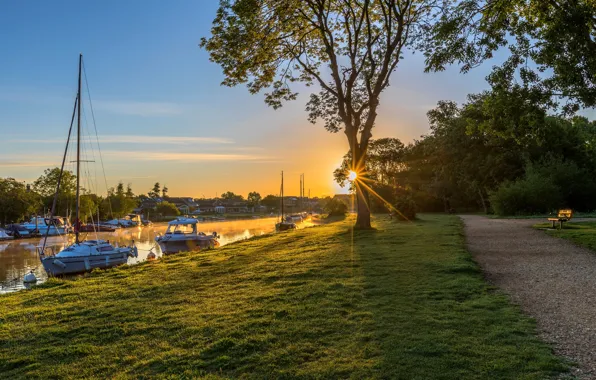 Picture trees, sunset, river, boat, yacht, pier, track, rivers