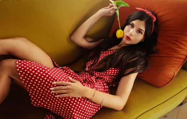 Flower, look, girl, pose, sofa, feet, Tulip, brunette