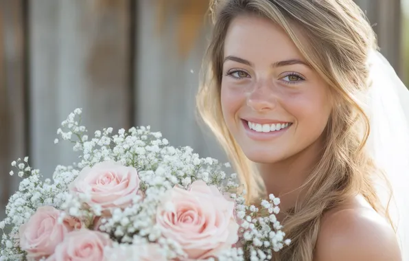 Look, girl, flowers, smile, Board, portrait, roses, bouquet