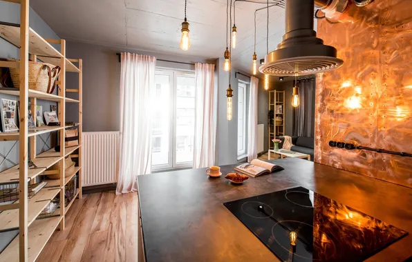 Design, interior, lighting, kitchen, racks, industrial style, industrial interior design, French windows