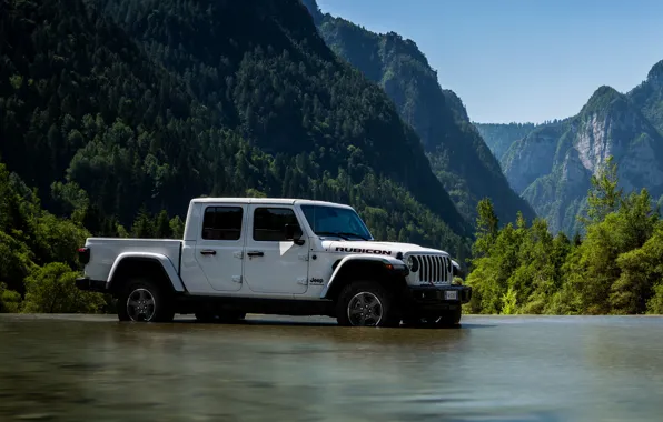 Picture white, mountains, river, SUV, pickup, Gladiator, 4x4, Jeep