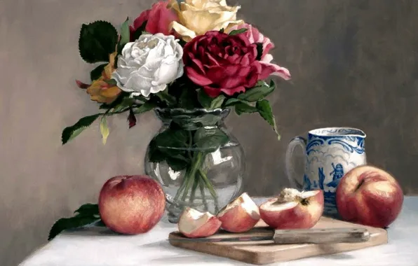 Picture apples, picture, still life, vase with flowers