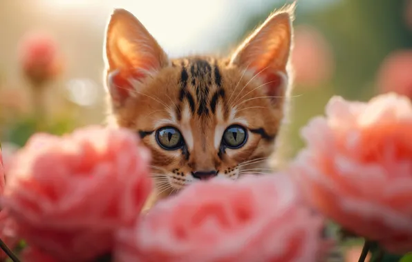 Cat, look, flowers, pose, kitty, portrait, roses, pink