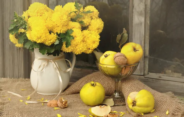 Flowers, bouquet, yellow, nuts, still life, quince