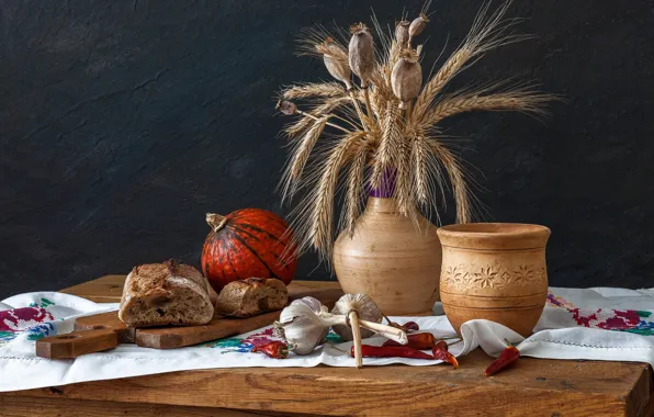 Bread, pumpkin, still life, garlic