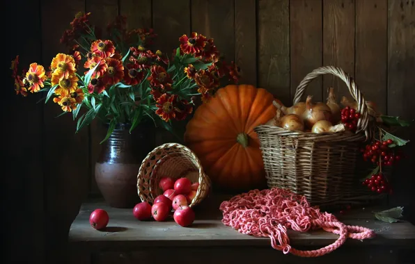 Flowers, basket, apples, pumpkin, pitcher, still life