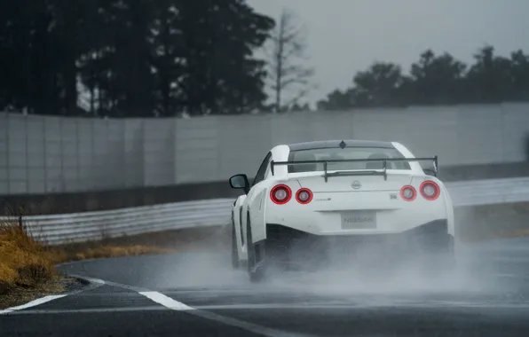 White, track, Nissan, GT-R, rear view, R35, Nismo, 2019