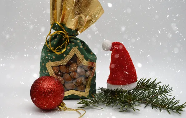 Winter, snow, branches, red, holiday, gift, ball, package