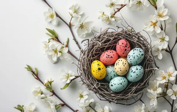 Flowers, branches, cherry, holiday, eggs, spring, yellow, blue