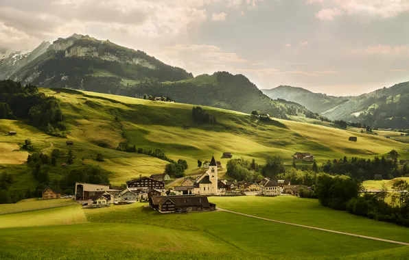 Greens, trees, mountains, field, home, Switzerland, Alps, meadows