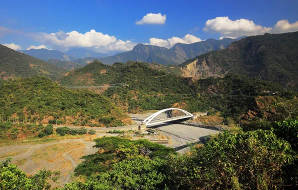 Road, forest, the sky, the sun, clouds, trees, mountains, bridge