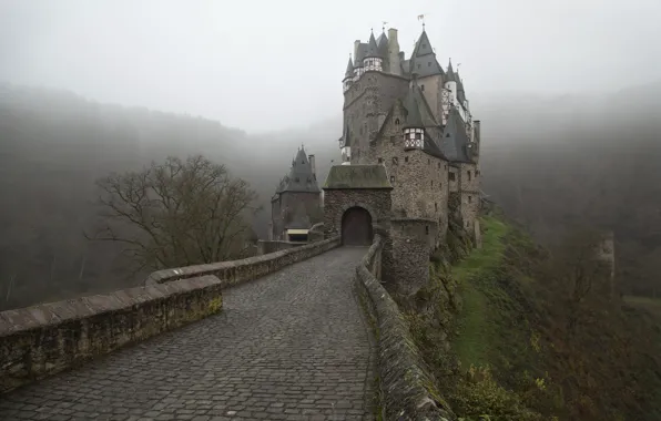 Road, Fog, Germany, Castle, Eltz Castle, ELTZ Castle