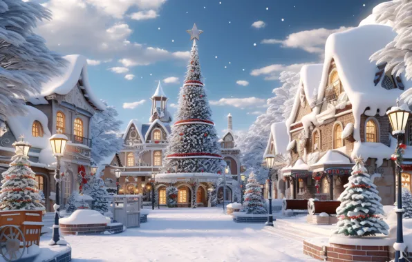 Winter, snow, decoration, tree, New Year, village, Christmas, houses