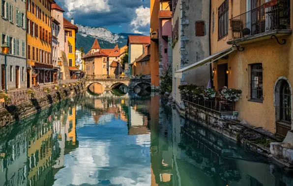 Picture clouds, mountains, the city, France, home, channel, the bridge, Annecy