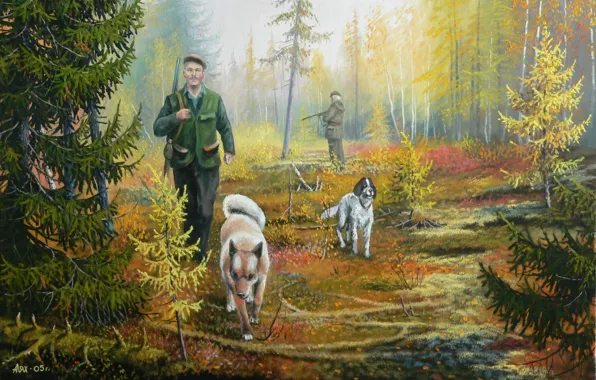 Nature, dog, art, taiga, hunter, Andrey Lyakh