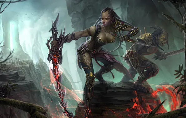 Girl, weapons, rocks, sword, art, dagger, Goblin, black