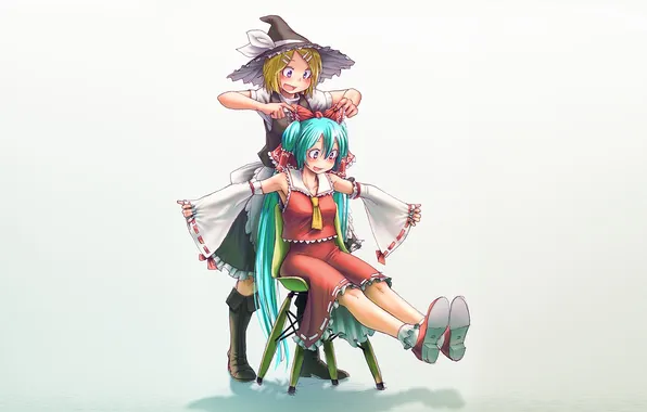 Girls, hat, art, vocaloid, hatsune miku, bow, kagamine rin, touhou