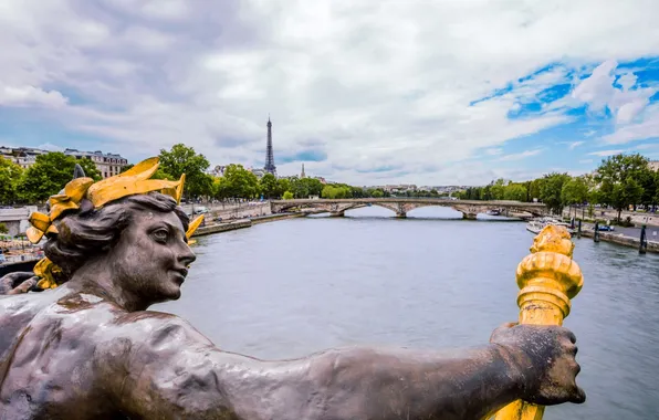 Picture bridge, river, France, Paris, Hay, Eiffel tower, sculpture