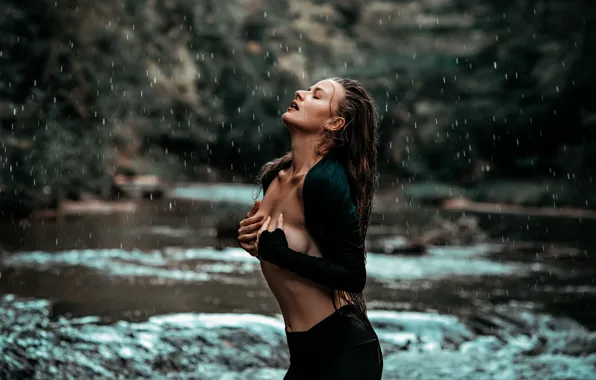 Picture chest, girl, pose, rain, hands