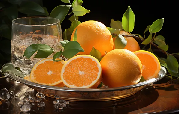 Leaves, light, branches, table, glass, ice, oranges, drink