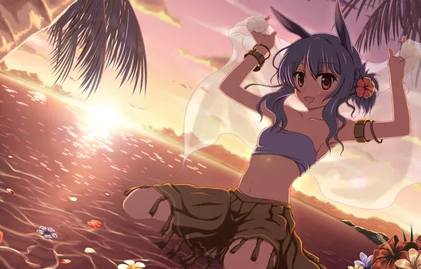 Picture sea, sunset, flowers, mood, anime, art, girl, ears