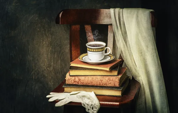 Tea, books, coffee, chair, mug, drink, still life