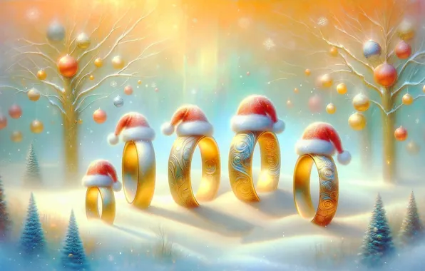 Winter, forest, balls, light, snow, decoration, trees, snowflakes