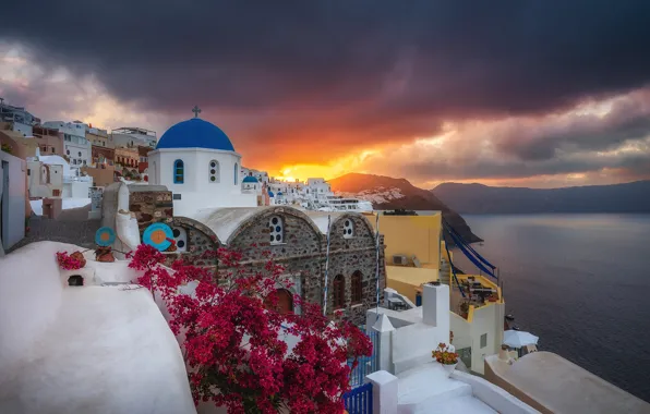 Picture sea, sunset, mountains, coast, building, home, Santorini, Greece