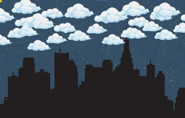 Clouds, Night, The city, Fantasy, Sky, Pixels, Night, Pixel