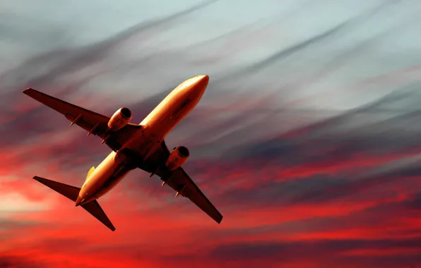 Picture the sky, sunset, the plane, red