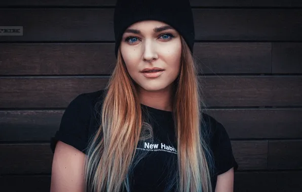 Girl, hat, portrait, makeup, t-shirt, hairstyle, beautiful, in black