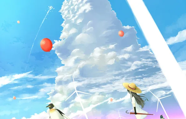 The sky, girl, clouds, balls, hat, umbrella, anime, penguins