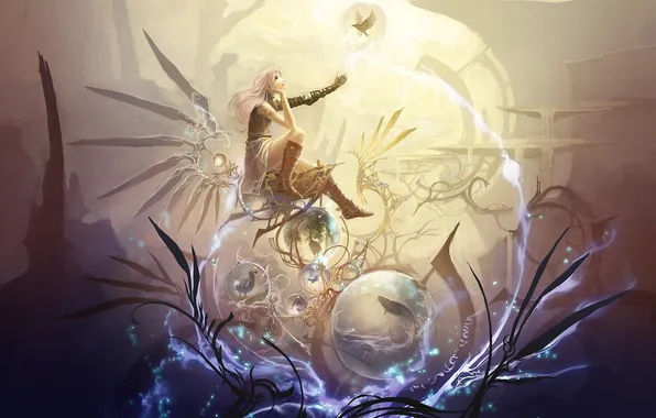 Girl, bird, wings, fish, art, bubble, yuu