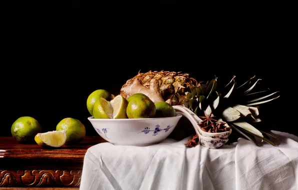 Lime, pineapple, still life, napkin, clove