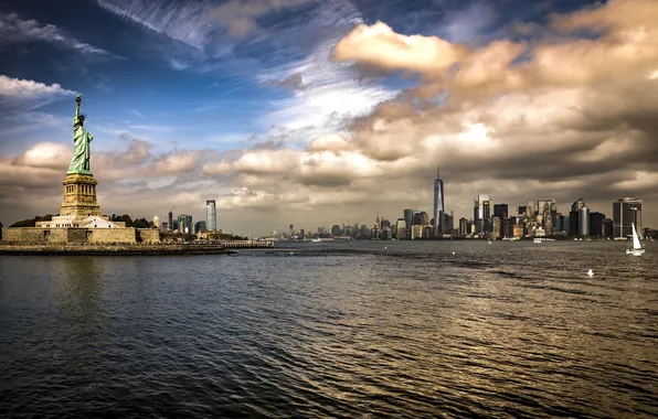 Picture the sky, clouds, river, New York, skyscrapers, Bay, USA, Manhattan