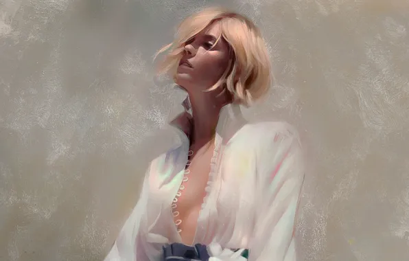 Collar, grey background, portrait of a girl, white blouse, rasterdata, by Justine Florentino