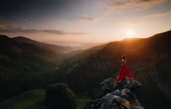 The sky, girl, landscape, nature, romance, dal, dress, long hair